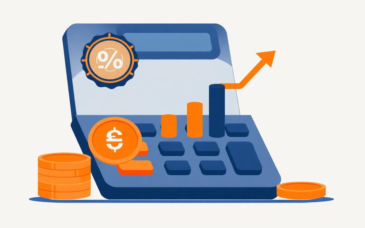 Illustration d'une calculatrice, de pièces en euros et d'une courbe ascendante, évoquant le calcul des économies et du retour sur investissement