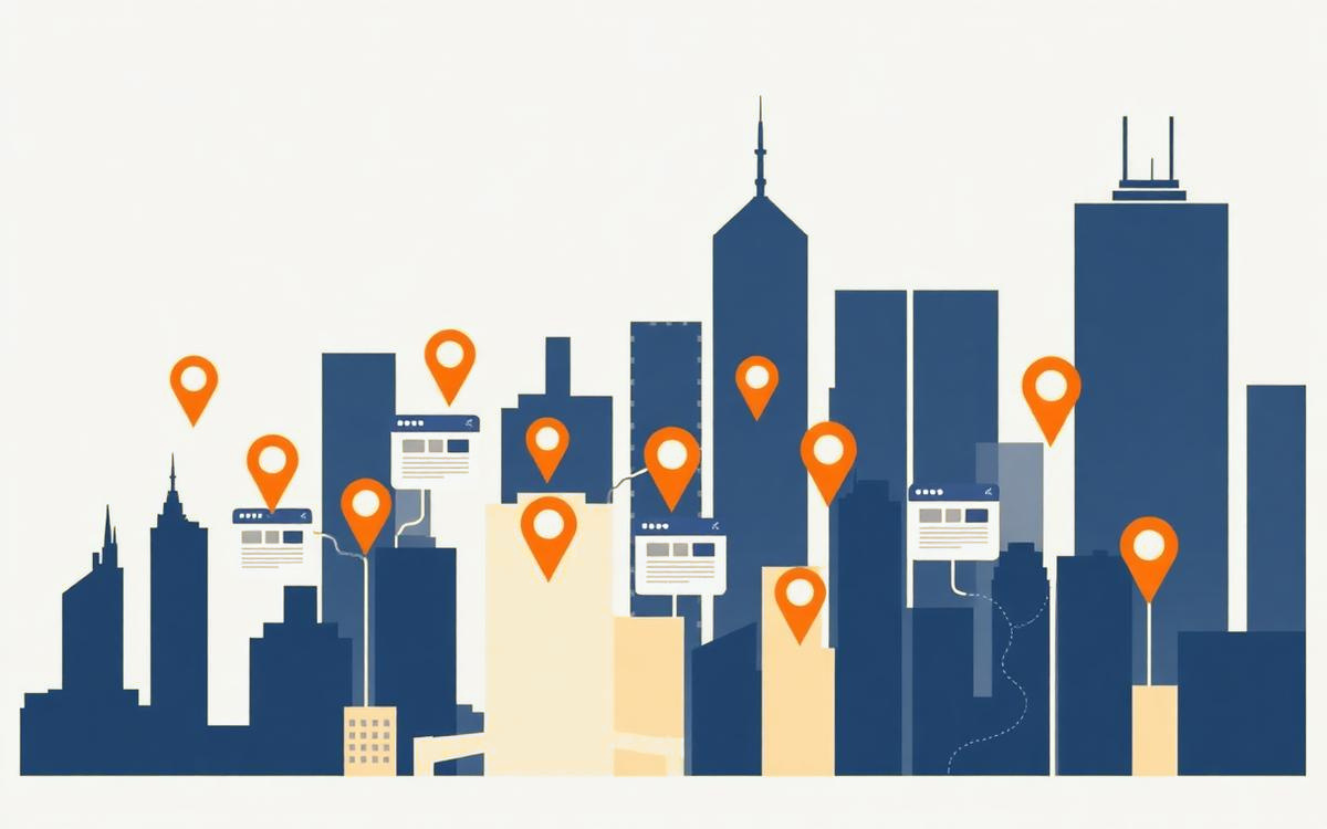 Illustration d'une skyline urbaine avec des repères de localisation reliés à des pages web, évoquant les pages par ville