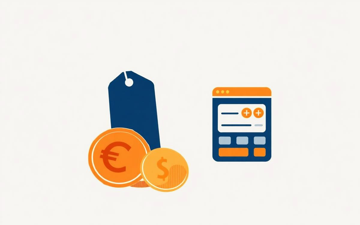Illustration d'une étiquette de prix, de pièces en euros et d'une calculatrice, évoquant le budget d'un site internet d'artisan